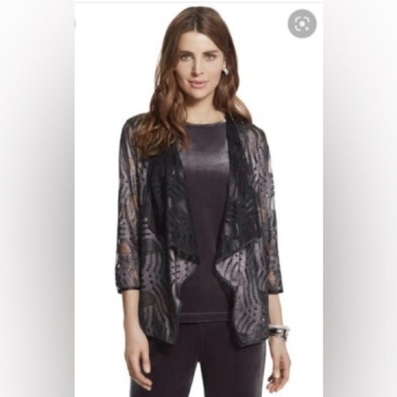 Chico's Traveller’s Cardigan Women’s SZ 2 (large) Deco Lace Silver Black Holiday - Picture 10 of 12